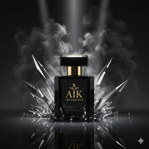 Black and gold perfume bottle labeled 'AIK Fragrance' with dramatic lighting and smoke effects.