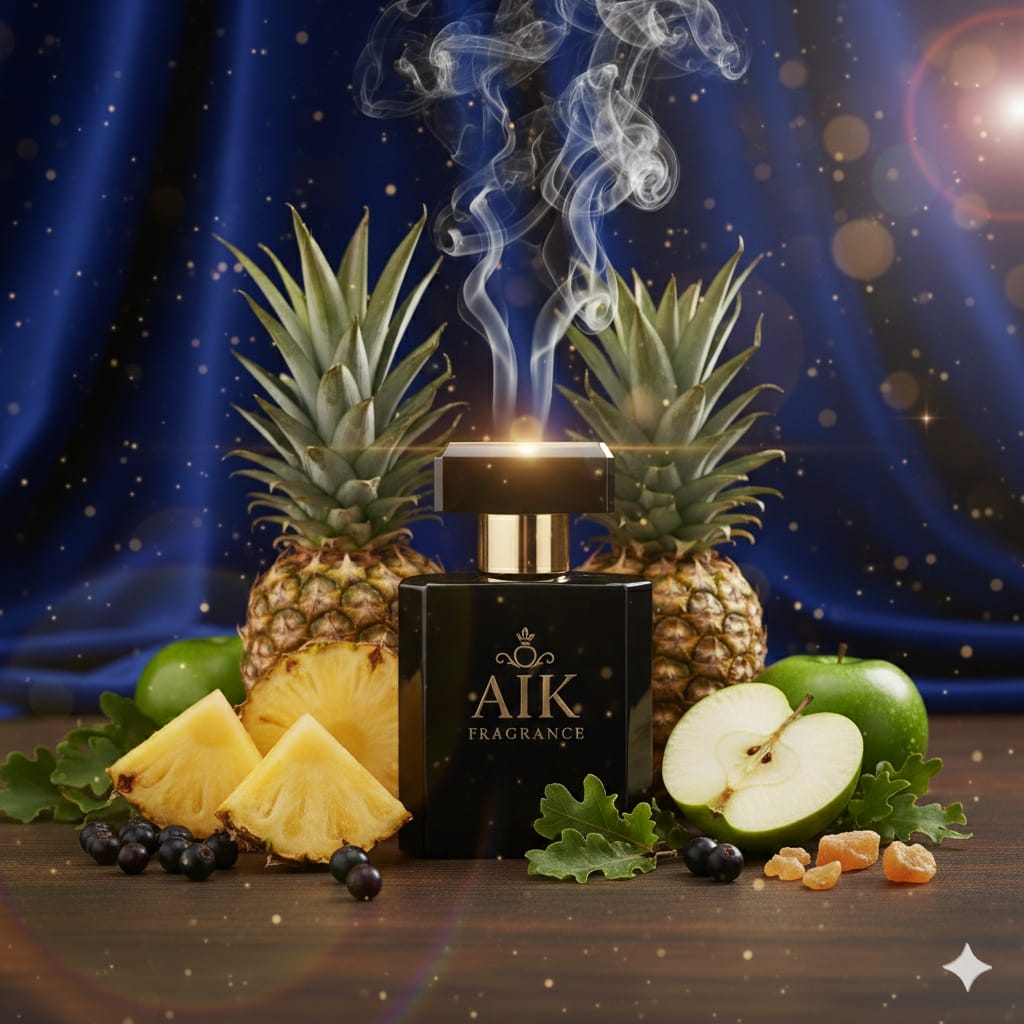 AIK Fragrance bottle with pineapples and apples on a dark background