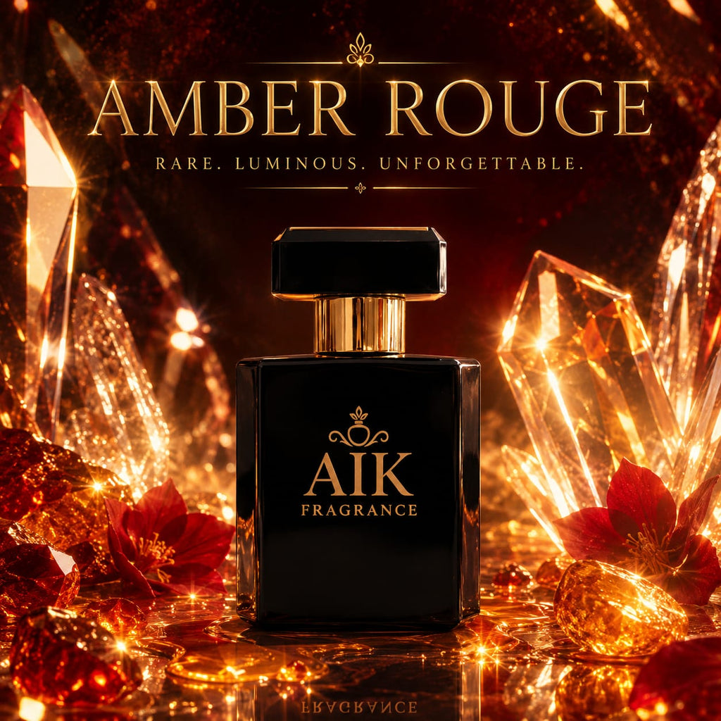 AIK Fragrance Amber Rouge perfume bottle with crystals and flowers on a dark background