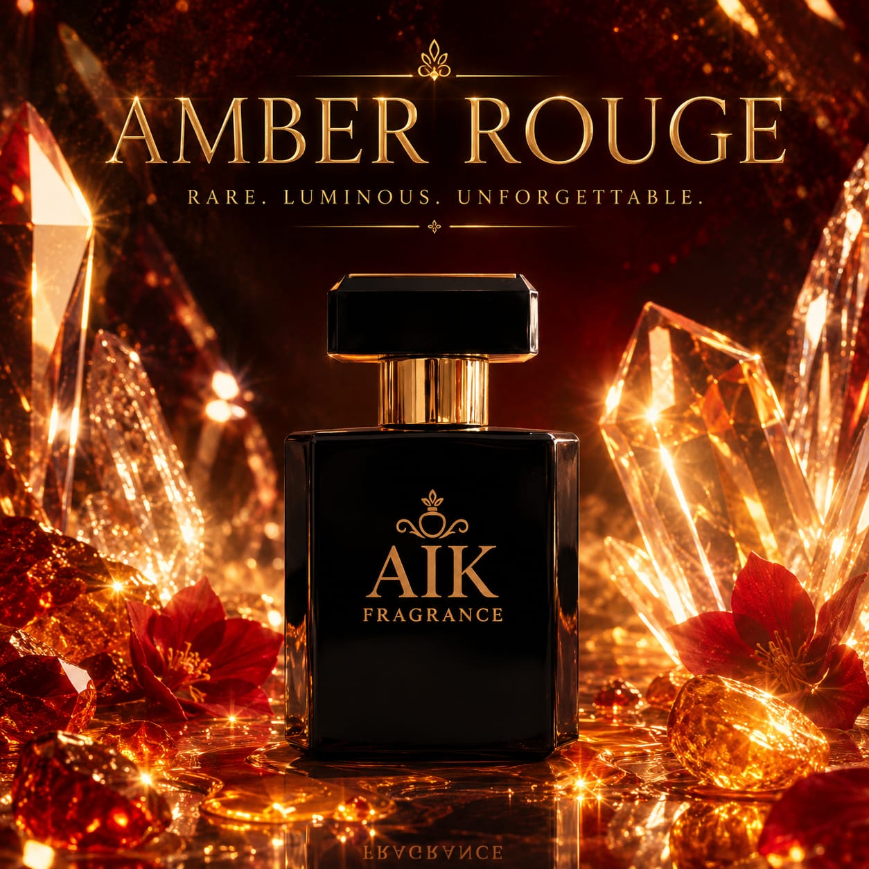 AIK Fragrance Amber Rouge perfume bottle with crystals and flowers on a dark background