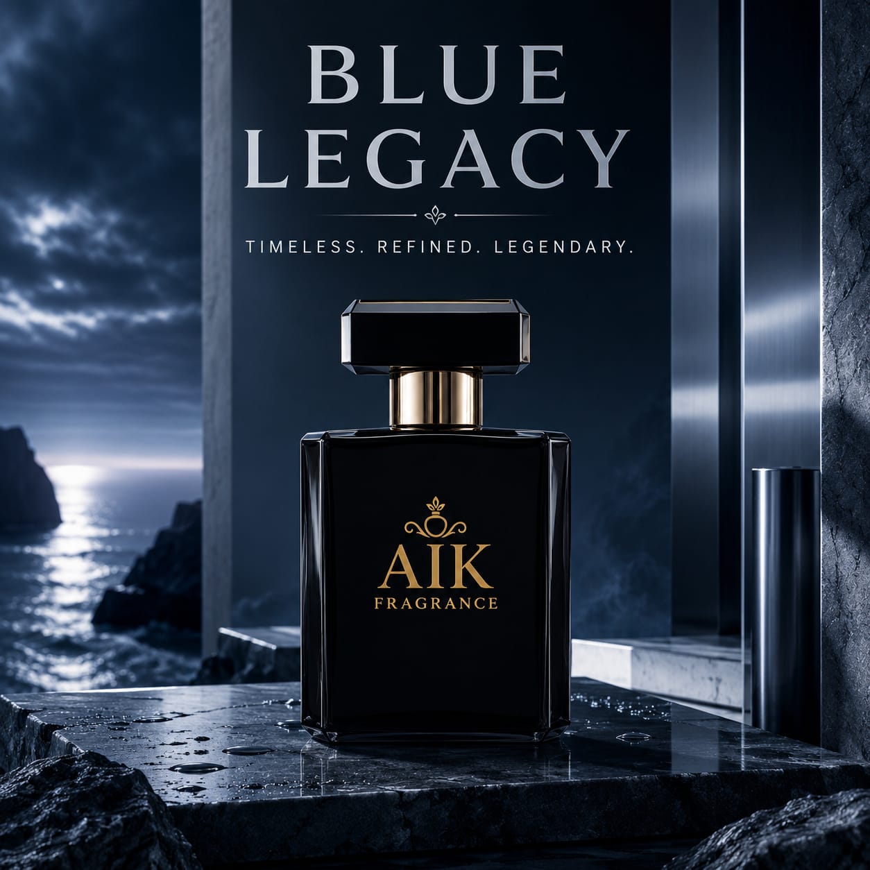 Aik Fragrance Blue Legacy bottle with a scenic background