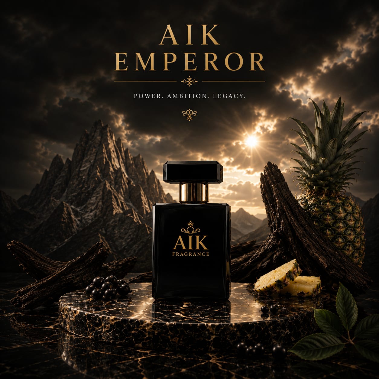 AIK Emperor perfume bottle with mountain and pineapple background