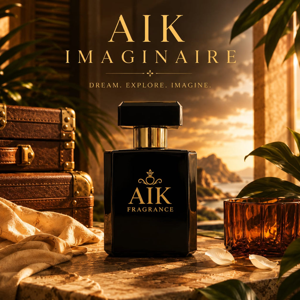 Perfume bottle with 'AIK Fragrance' branding on a scenic background
