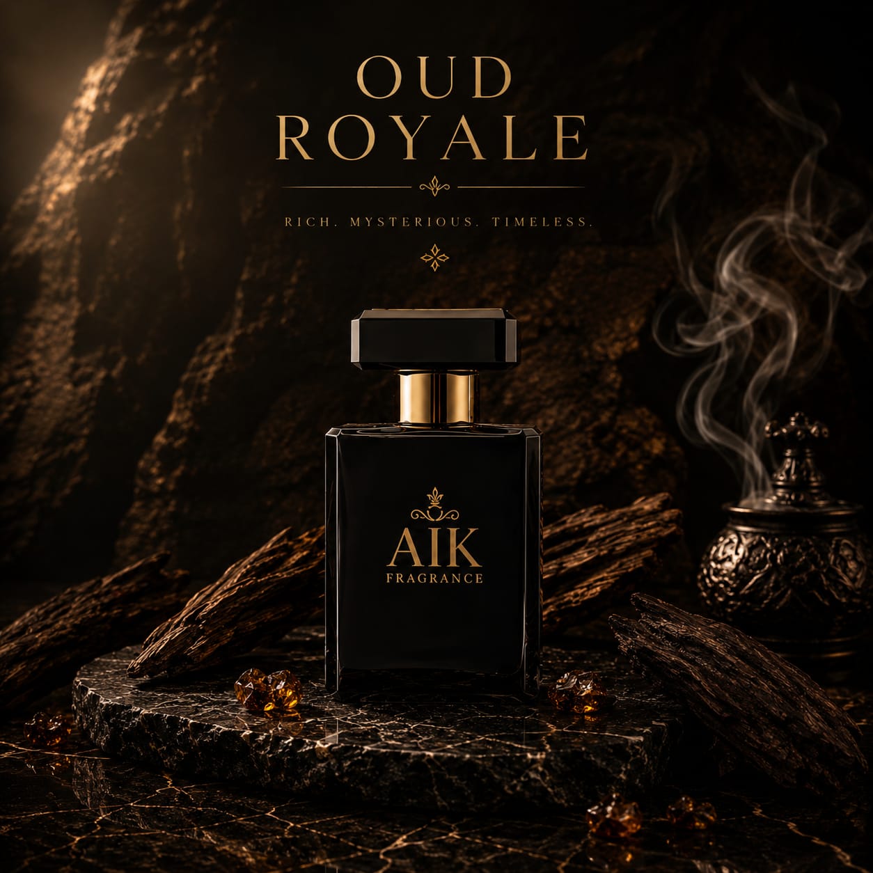 AIK Fragrance Oud Royale perfume bottle on a dark background with smoke and wood elements.