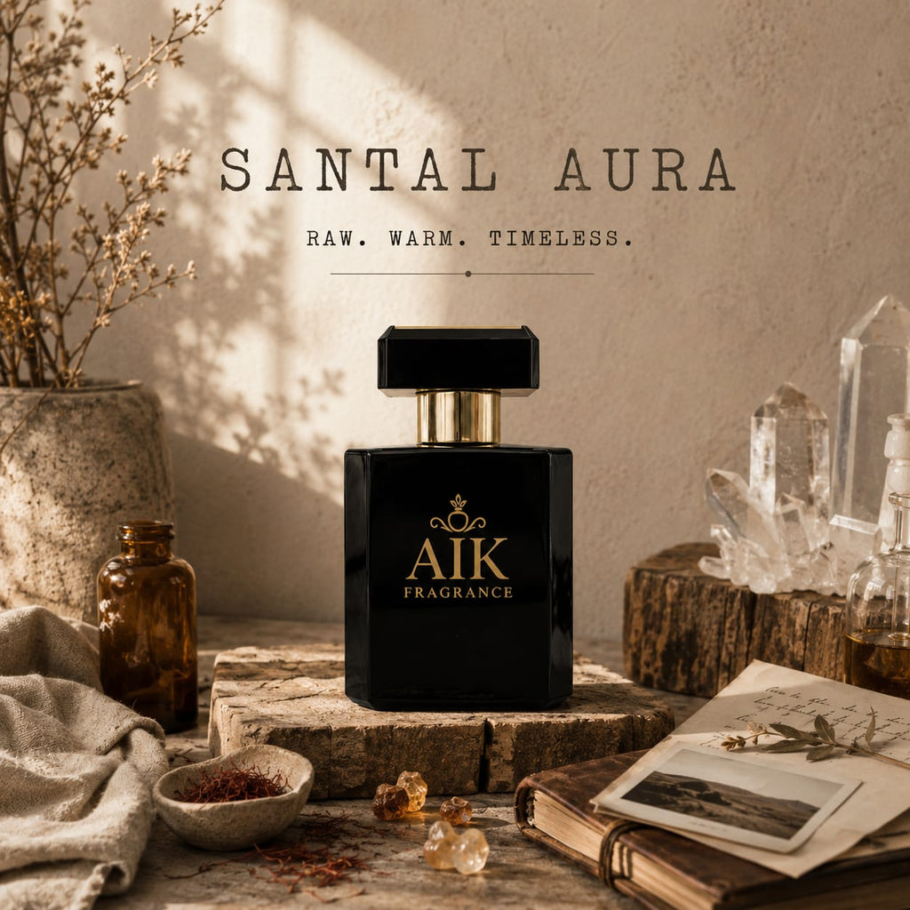 Aik Santal Aura perfume bottle on a rustic surface with decorative items.